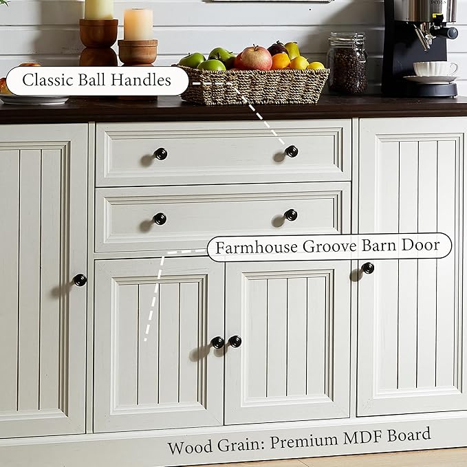 Farmhouse 58" Buffet Cabinet with Storage, 34" Tall Coffee Bar Cabinet w/2 Large Drawers & 4 Grooved Barn Doors, Wood Rustic Sideboard Buffet Cabinet for Dinning Room, Kitchen, Living Room,White