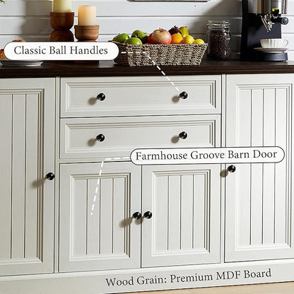 Farmhouse 58" Buffet Cabinet with Storage, 34" Tall Coffee Bar Cabinet w/2 Large Drawers & 4 Grooved Barn Doors, Wood Rustic Sideboard Buffet Cabinet for Dinning Room, Kitchen, Living Room,White