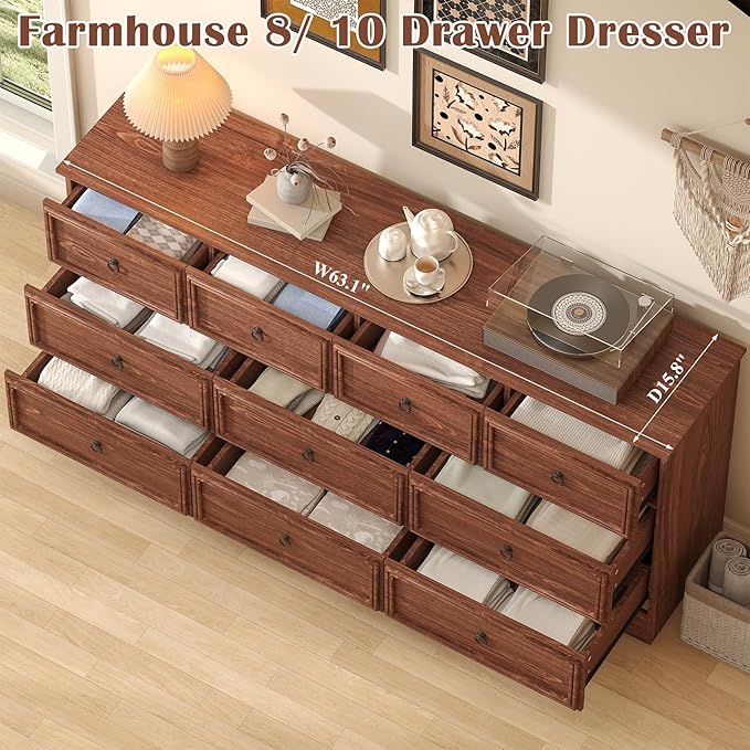 Farmhouse 10 Drawer Dresser for Bedroom – 63'' Long Dresser Wood Chest of Drawers,TV Stand for 75 inch TV, Storage Organizer Furniture, Hallway, Entryway, Closet, Cherry Wood