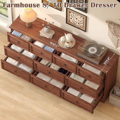 Farmhouse 10 Drawer Dresser for Bedroom – 63'' Long Dresser Wood Chest of Drawers,TV Stand for 75 inch TV, Storage Organizer Furniture, Hallway, Entryway, Closet, Cherry Wood