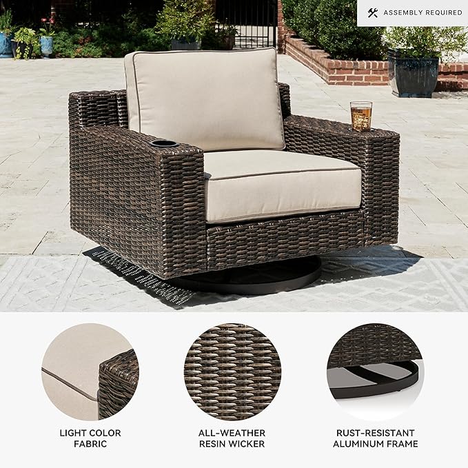 Signature Design by Ashley Coastline Bay Casual Outdoor Swivel Lounge with Cushion and 2 Cup Holders, Nuvella Weather Resistant Fabric, Beige & Dark Brown