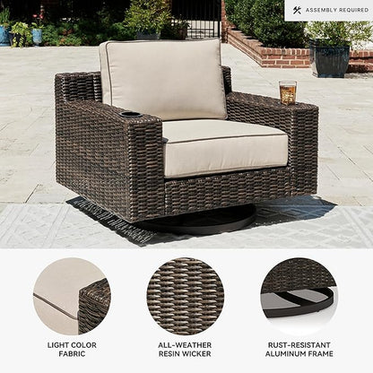 Signature Design by Ashley Coastline Bay Casual Outdoor Swivel Lounge with Cushion and 2 Cup Holders, Nuvella Weather Resistant Fabric, Beige & Dark Brown