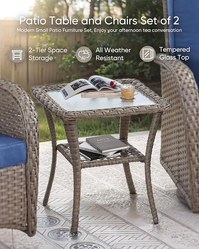 HUMMUH 6 Pieces Patio Furniture Set-Patio Glider Loveseat with Rattan Outdoor Swivel Chairs Outdoor Conversation Furniture Sets for Deck Lawn Porch Balcony Poolside-Grey/Blue