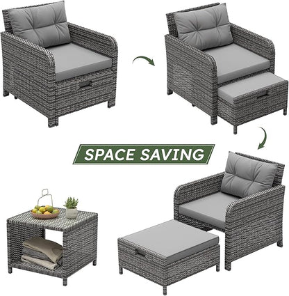 5 Pieces Patio Furniture Set, Hand-Woven Rattan Patio Conversation Set with Soft Cushions & Coffee Table, Outdoor Chairs with Hidden Ottoman for Porch, Lawn, Garden, Balcony, Grey