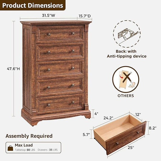 T4TREAM Farmhouse 5 Drawer Dresser for Bedroom, 47" Tall Wood Dresser with Ample Storage Space and Rustic Charm, Reclaimed Barnwood