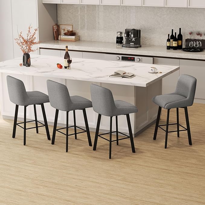 Swivel Bar Stools Set of 2, 26''H Upholstered Barstools with Backs, Modern Counter Height Bar Stool Chairs for Kitchen Island, Metal Legs, Fabric, Gray Counter Stools