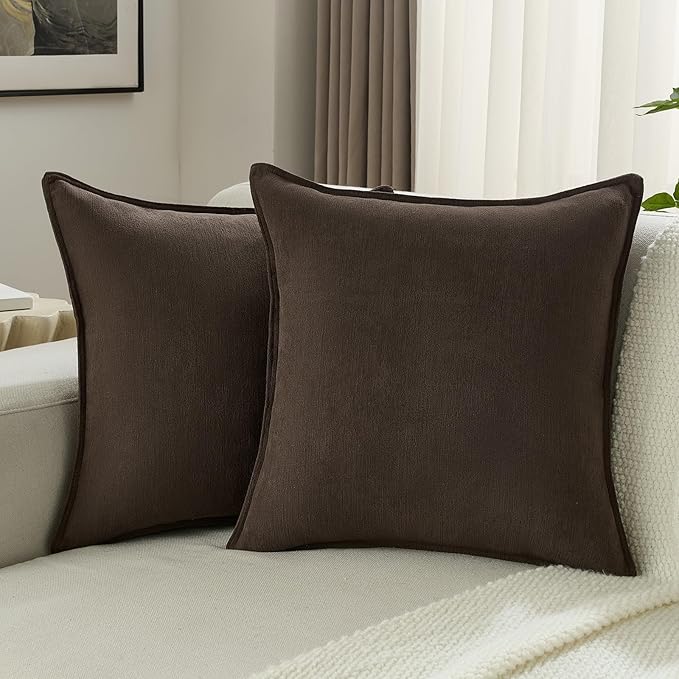FUTEI Dark Coffee Chenille Throw Pillow Covers 26x26 Inch Set of 2,Edges Double-Stitched Euro Pillow Shams,Modern Home Decor for Couch Living Room