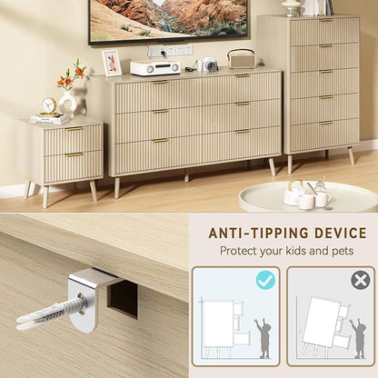 CARPETNAL Fluted 6 Drawer Dresser for Bedroom, 55" Wide Wooden Chest of Drawers with Rounded Corners, Gold Handles, Modern Storage Organizer for Bedroom, Hallway(Beige)