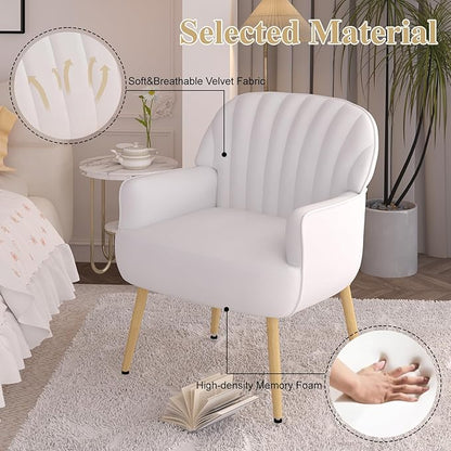 Velvet Accent Chair, Modern Upholstered Single Living Room Chairs with Tufted Back, Cozy Sofa Side Armchair with Metal Legs for Bedroom/Office/Reading Room, Beige