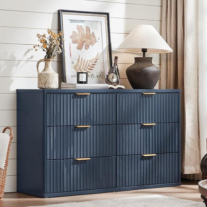 LEYAOYAO Fluted 6 Drawers Dresser Set of 2, 48" Wide Modern Chest of Drawers with Woodgrain Top, Curved Profile Design, Dresser TV Stand, Wood Drawer Organizer for Bedroom, Living Room, Hallway,Blue