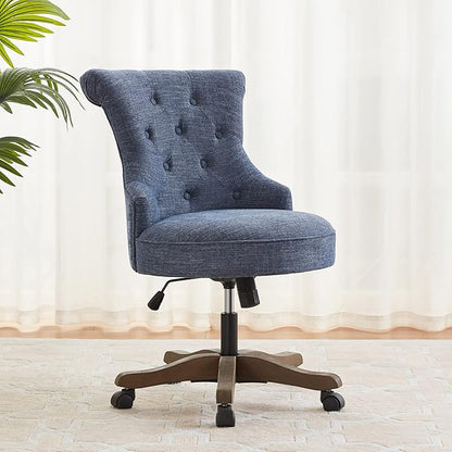 Home Office Chair Adjustable Height Swivel Chair with Wheels Linen Fabric Upholstered Computer Desk Chair with Wooden Legs Comfortable Armless Chair for Home Office Study Studio(Blue)