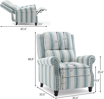Pushback Recliner Chairs Set of 2, Comfy Fabric Wingback Recliner Chair, Upholstered Armchair Push Back Recliner with Wood Legs, Rivet Trim Accent Chair for Living Room, Bedroom, Blue Stripe