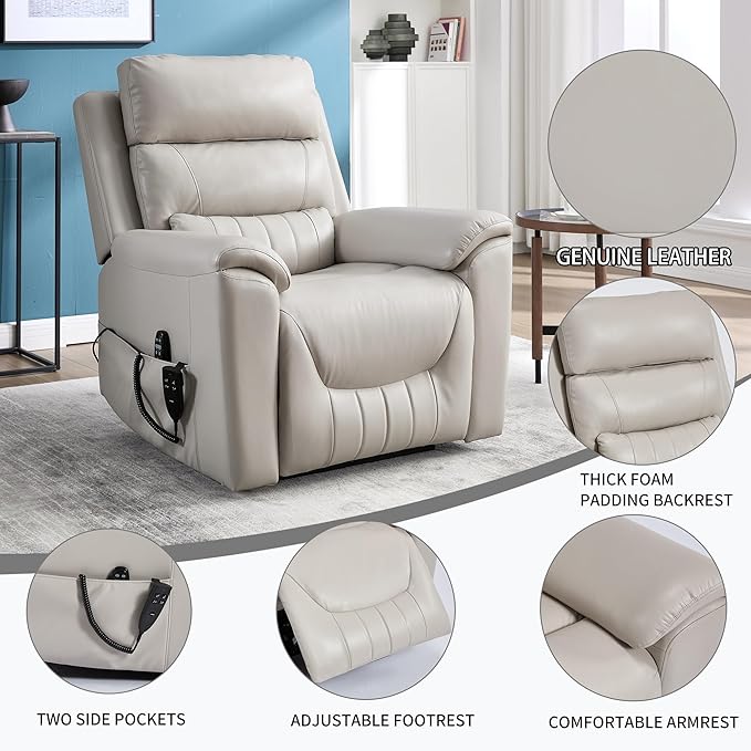 PELUMY Power Lift Recliner Chair for Elderly with Massage and Heat, Dual Motor Heavy Duty 350lbs Recliner, 8-Point Vibration & Lumbar Heating, Electric Lift Chair (Breathable Leather, Light Grey)