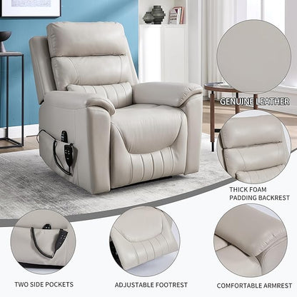 PELUMY Power Lift Recliner Chair for Elderly with Massage and Heat, Dual Motor Heavy Duty 350lbs Recliner, 8-Point Vibration & Lumbar Heating, Electric Lift Chair (Breathable Leather, Light Grey)