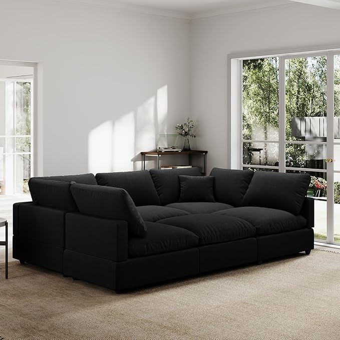 Linen Sleeper Sofa Bed,Modern Sectional Sofa Couch for Living Room,95.4 Inch Cloud Couches Cushion Covers Removable,Cozy Feather Down Sofa for Apartment Black