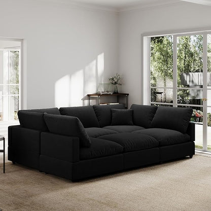 Linen Sleeper Sofa Bed,Modern Sectional Sofa Couch for Living Room,95.4 Inch Cloud Couches Cushion Covers Removable,Cozy Feather Down Sofa for Apartment Black