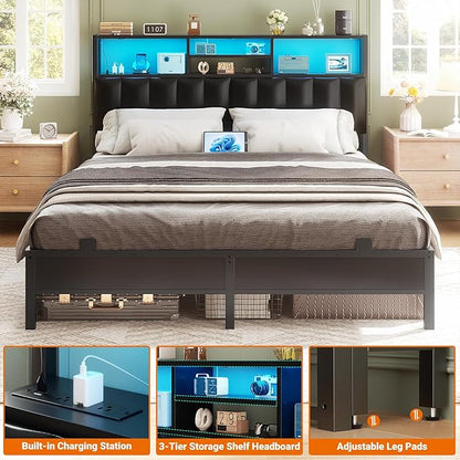 Aheaplus Headboard for Full Size Bed with Storage, Upholstered Headboards with Outlets, USB Ports and LED Light, Reversible Full Size Head Board, Height Adjustable, Comfortable Headboard, Black