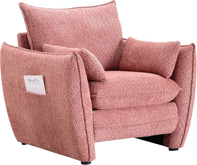 Chenille Oversized Accent Chairs, Modern Oversized Armchair with Removable Pillow, Comfy Living Room Chair with Side Pocket Storage for Bedroom, Office, Pink