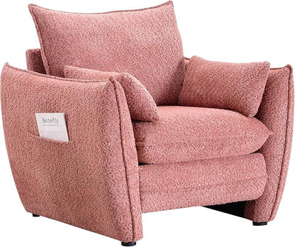 Chenille Oversized Accent Chairs Set of 2, Modern Oversized Armchair with Removable Pillow, Comfy Living Room Chair with Side Pocket Storage for Bedroom, Office, Pink