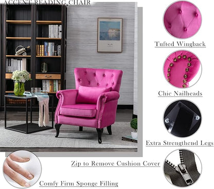 Mid Century Modern Accent Chair Upholstered Armchair Comfy Velvet Fabric Single Sofa with Tufted Wingback for Small Spaces Bedroom Living Room, Hot Pink