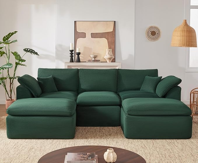 112" Cloud Sectional Couch, Boneless Couches for Living Room, U Shaped Couch with Convertible Ottoman, Modular Sectional Sofa with Deep Seat, Comfy Soft Cushions, No Assembly, Green