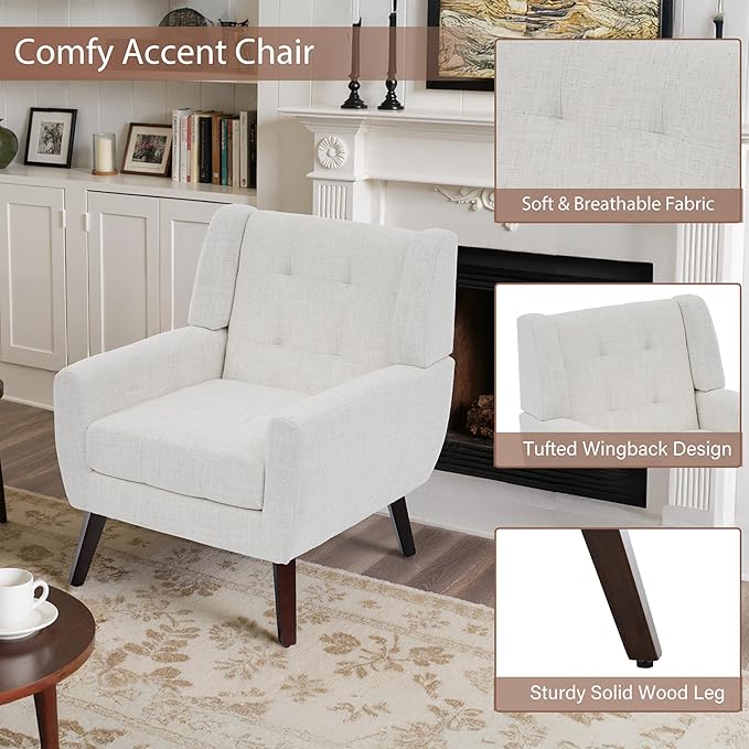 Accent Chair, Mid-Century Modern Upholstered Armchair, Comfy Fabric Living Room Chairs Reading Chairs with Button Tufted Back & Solid Wood Legs for Bedroom, Office, Beige
