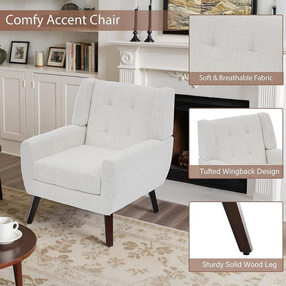 Accent Chairs Set of 2, Mid-Century Modern Upholstered Armchair, Comfy Fabric Living Room Chairs Reading Chairs with Button Tufted Back & Solid Wood Legs for Bedroom, Office, Beige