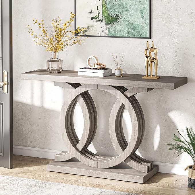 Tribesigns 55 inches Console Table with Geometric Base, Farmhouse Hallway Table, Wooden Entryway Sofa Table, Unique Long Accent Table for Decoration and Organization (Grey)
