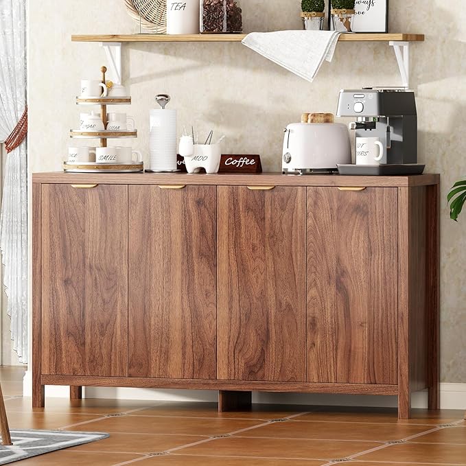 55" Large Buffet Sideboard with Storage, 33" Tall Kitchen Buffet Storage Cabinet with 4 Doors, Modern Coffee Bar Cabinet with Gold Handles, Long Sideboard Buffet Table for Kichen, Walnut