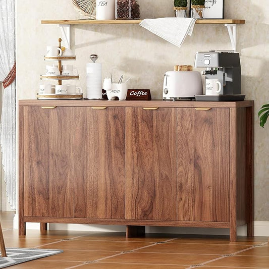 55" Large Buffet Sideboard with Storage, 33" Tall Kitchen Buffet Storage Cabinet with 4 Doors, Modern Coffee Bar Cabinet with Gold Handles, Long Sideboard Buffet Table for Kichen, Walnut