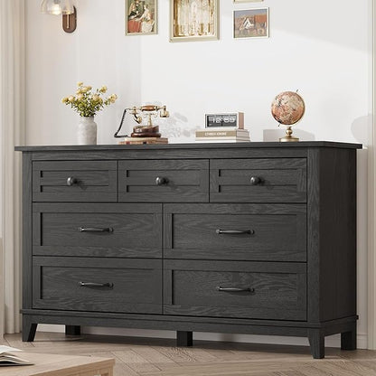 GarveeHome 7 Dresser for Bedroom, 54 in Wide Drawer Dresser with Storage Freestanding, Wooden Closet Storage Chest for Living Room, Bedroom, Entryway, Black