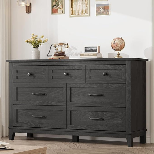 GarveeHome 7 Dresser for Bedroom, 54 in Wide Drawer Dresser with Storage Freestanding, Wooden Closet Storage Chest for Living Room, Bedroom, Entryway, Black