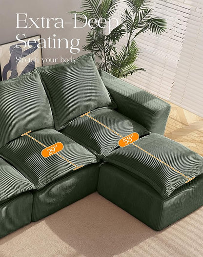 137" Comfy Cloud Couch with U-Shape Chaise & Deep Seat, Modular Sectional Sofa in a Box, Boneless Upholstered Couches for Living Room, No Assembly Required (Soft Corduroy, Green)