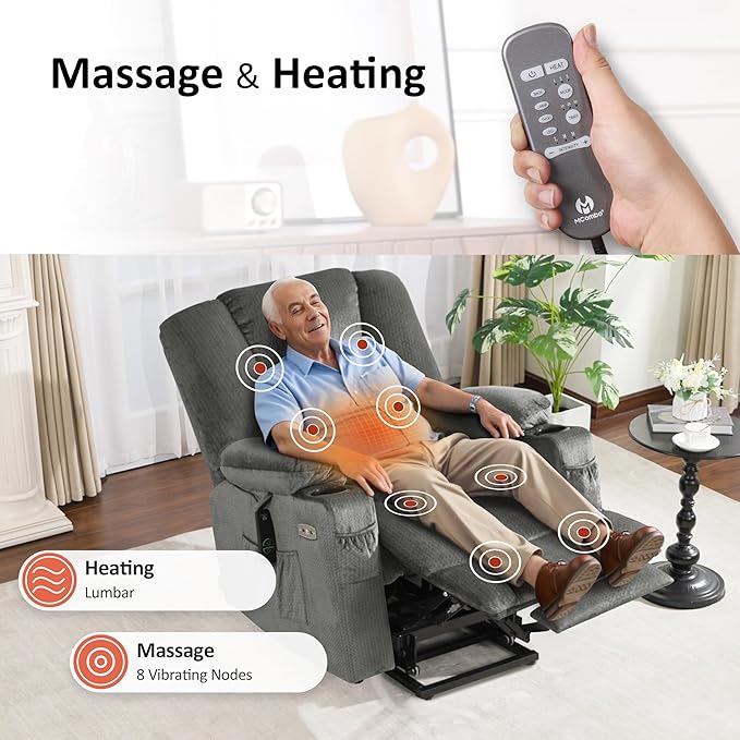 MCombo Oversized Power Lift Recliner Chair with Massage and Heat for Big and Tall Elderly People, Cup Holders, USB Ports, Side Pockets, Fabric R7541 (Grey, Large-Oversize)