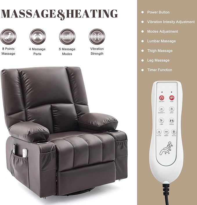 Swivel Rocker Chair with Heat and Massage, 270° Power Recliner Chairs for Adults, USB and Type-C Ports, Oversized Recliner Single Sofa, Electric Glider Chair(Darkbrown)