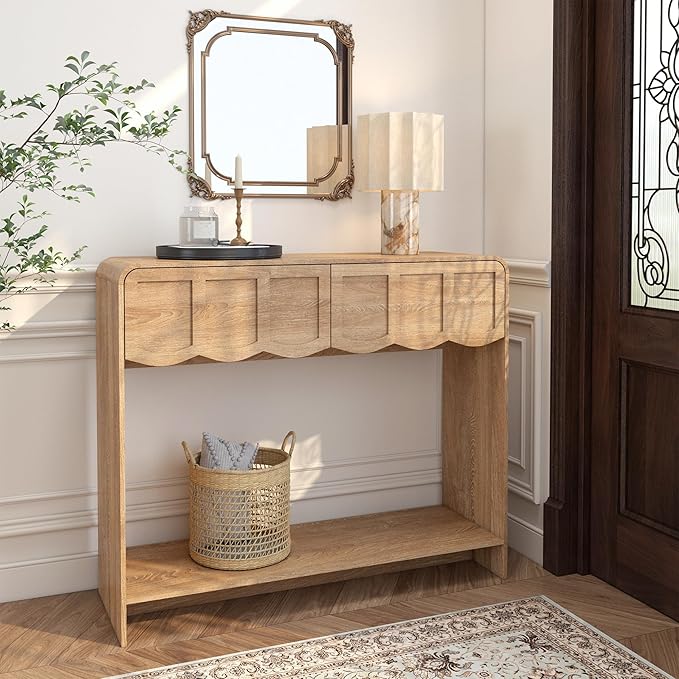 Console Table with 2 Drawers, Mid-Century Modern 42" Entryway Table with Open Storage Shelves, Sofa Table Behind Couch for Living Room, Hallway, Natural