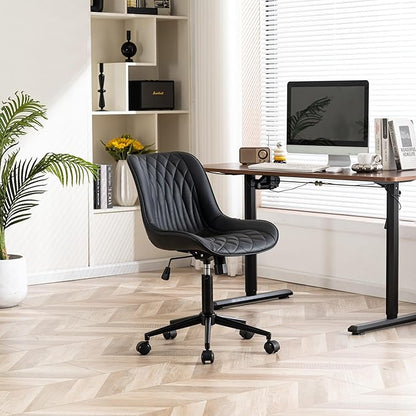 YOUNIKE Black Home Office Desk Chair Armless Comfy Small Ergonomic Rolling Vanity Chair with Wheels Wide Swivel Adjustable Modern Task Chair Back Cute Leather Upholstered Sewing Drafting Chair No Arms