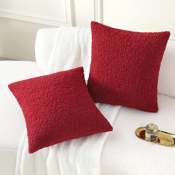FUTEI Christmas Maroon Red Throw Pillow Covers 26x26 Inch Set of 2,Furry Faux Fur Teddy Boucle Textured Cushion Covers,Soft Fluffy Decorative Euro Pillow Shams,Home Decor for Couch Bed Living Room Car