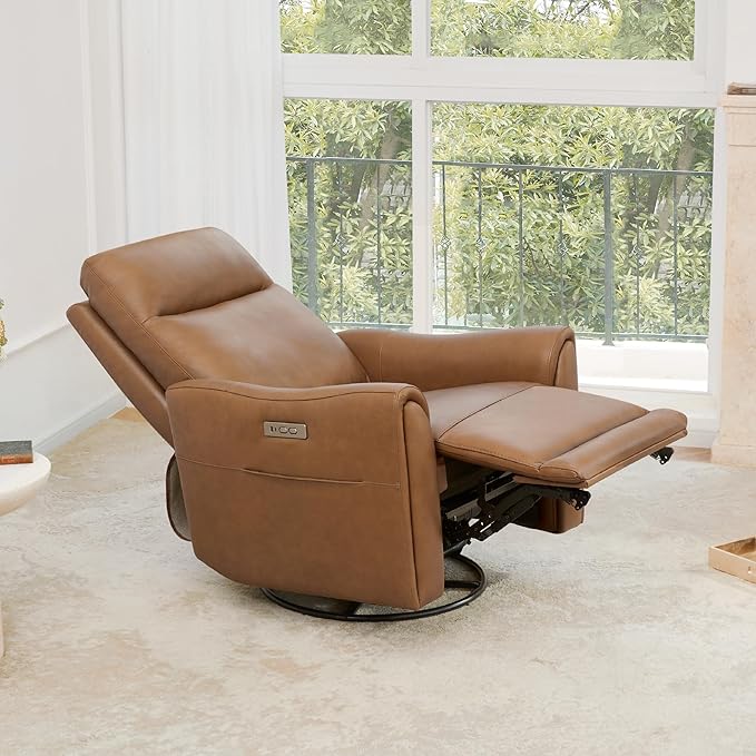 Watson & Whitely Genuine Leather Power Recliner Chairs for Adults, Swivel Glider Recliner Chair for Living Room with Charging Ports, Saddle