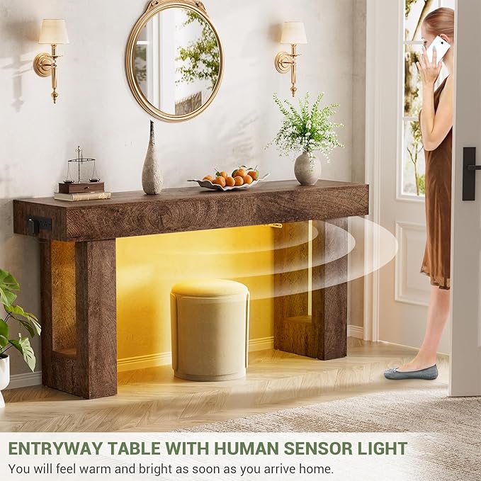 Unikito 63'' Farmhouse Console Table with Power Outlets and Sensor Light, Wooden Entryway Table with Storage, Rectangular Sofa Tables Behind The Couch for Entrance, Hallway, Living Room, Rustic Oak