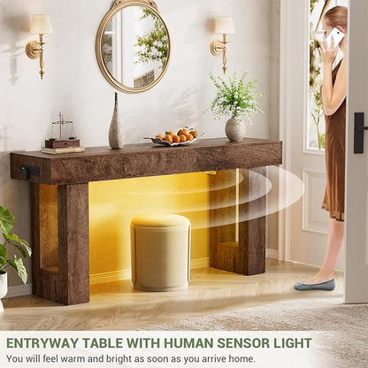 Unikito 63'' Farmhouse Console Table with Power Outlets and Sensor Light, Wooden Entryway Table with Storage, Rectangular Sofa Tables Behind The Couch for Entrance, Hallway, Living Room, Rustic Oak