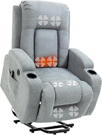 PELUMY Manual Lift Recliner Chair for Elderly with Massage & Heat, Oversized Heavy Duty 350 lbs Recliner with Cup Holders & USB Ports, Infinite Positioning Lift Chair for Adults (Linen Fabric, Grey)