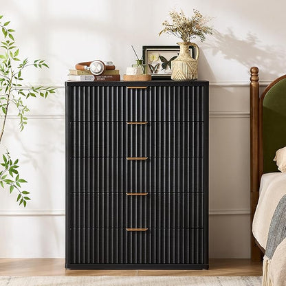 LEYAOYAO Fluted 5 Drawers Dresser for Bedroom, 41" Tall Modern Chest of Drawers with Metal Handle, Curved Profile Design,Black Wood Drawer Organizer for Bedroom, Living Room, Hallway, Entryway