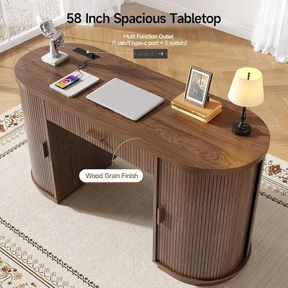 ONBRILL 58" Fluted Executive Desk with Storage, Home Office Desk with Drawers, Wood Computer Writing Desks with Charging Station for Study Living Room Bedroom Work Walnut