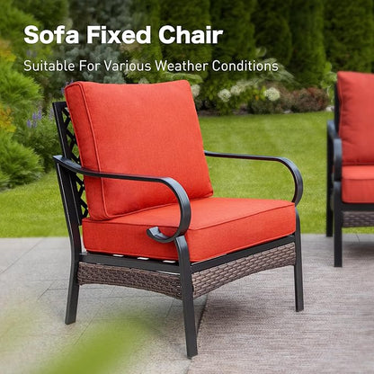 6 Piece Metal Outdoor Patio Furniture Sets, Patio Conversation Sets with 3-Seater Sofa, 4 Single Sofa (5.75" Thick Cushion) & Coffee Table, Black Frame Backyard Furniture, Rust Red