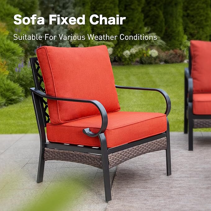 5 Piece Metal Outdoor Patio Furniture Set, Patio Conversation Sets with 3-Seater Sofa, Loveseat, 2 Fixed Sofa (5.75" Thick Cushion) & Coffee Table Black Backyard Furniture, Rust Red