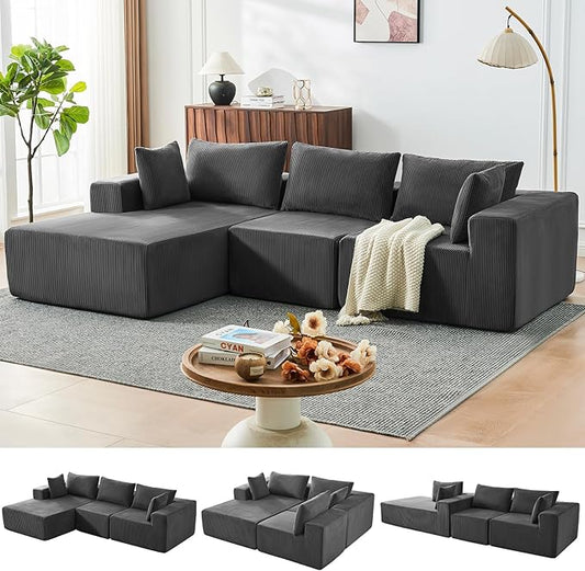 109" Cloud Sectional Couch, Boneless Couches for Living Room, Modular Sectional Sofa with Deep Seat, L-Shape Couch with Chaise, Comfy Corduroy Fluffy Modern Modular Sofa, No Assembly Required,DarkGrey