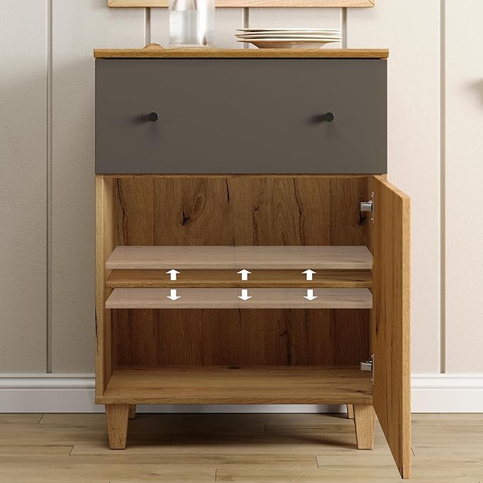 WAMPAT Set of 2 Storage Cabinets for Living Room, Modern Wood Accent Cabinets Sideboard with Drawers, Doors, and Adjustable Shelves for Dining Room, Kitchen, Entryway, Oak Brown & Dark Grey