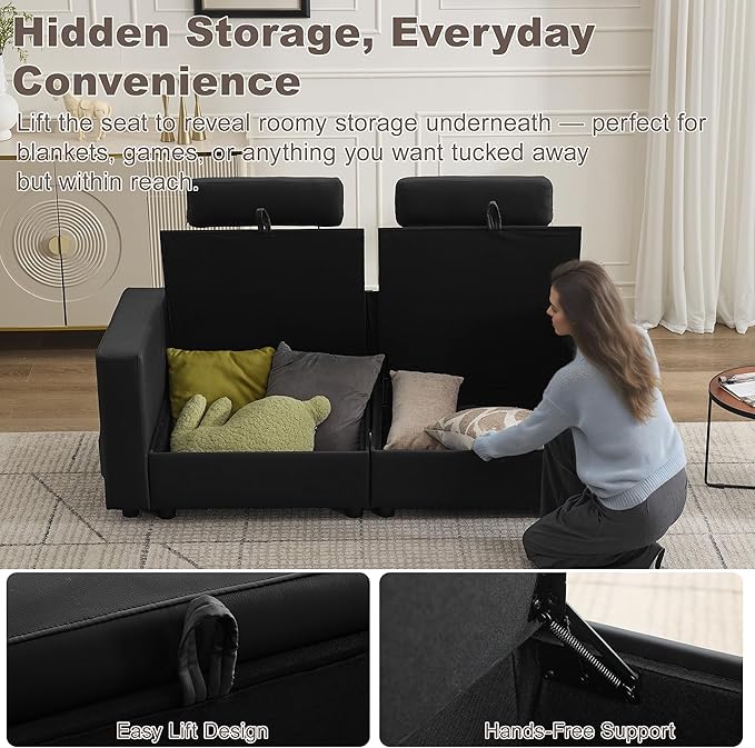 69.7" Loveseat Storage Sofa, Faux Leather Love Seat Couch with Headrest & Pocket, Modular Sectional Cloud 2 Seater Sofas for Living Room Apartment Small Spaces, Oversized Deep Seat Couches, Black