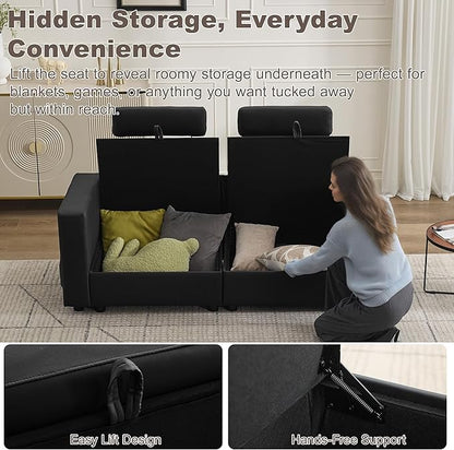 69.7" Loveseat Storage Sofa, Faux Leather Love Seat Couch with Headrest & Pocket, Modular Sectional Cloud 2 Seater Sofas for Living Room Apartment Small Spaces, Oversized Deep Seat Couches, Black